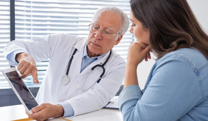 Médico explicando una imagen a una paciente durante una consulta